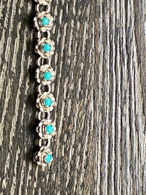 Vintage Circa 60's 70's Sterling Silver Turquoise Bead Floral Link Bracelet 5.5"